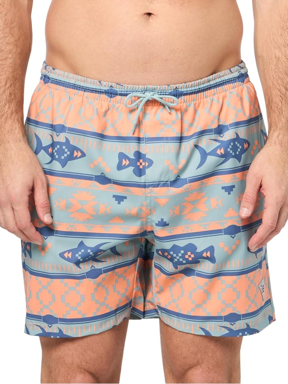 NWT Columbia Coral & Light Blue Geometric Fish Swim Trunks Sz S